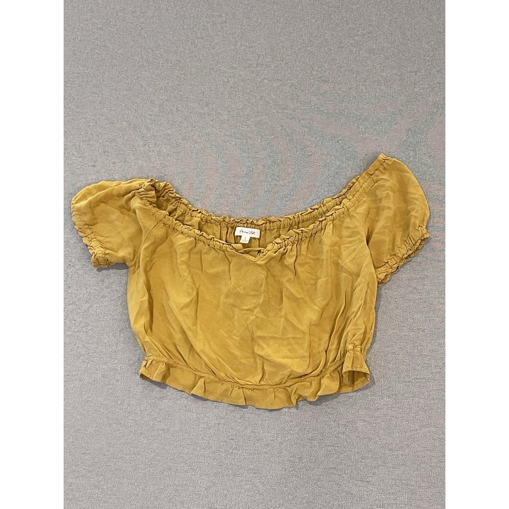 Active USA Mustard‎ Yellow Off Shoulder Crop Top Ruffle Hem Boho Stretch Large